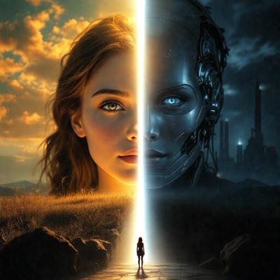 The primary subject of the image is a young girl with blue eyes, standing in a field. The setting is a grassy area with a sky background. The visual style is a digital art or illustration, creating a surreal and dreamy atmosphere. The colors are predominantly blue and green, with the girl's eyes being the most striking feature.